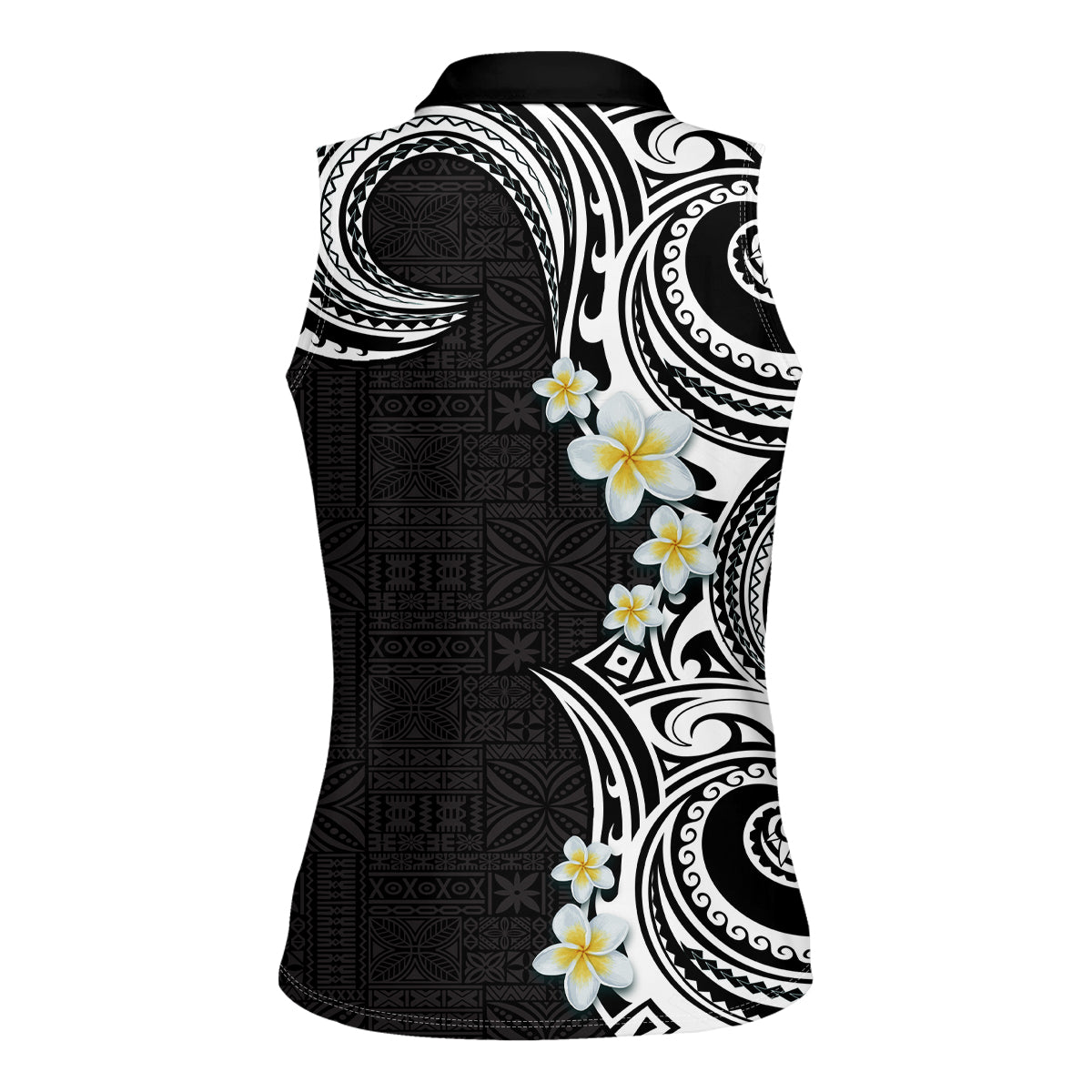 Aloha Polynesian Plumeria Flower Women Sleeveless Polo Shirt Black White Color LT03 - Polynesian Pride