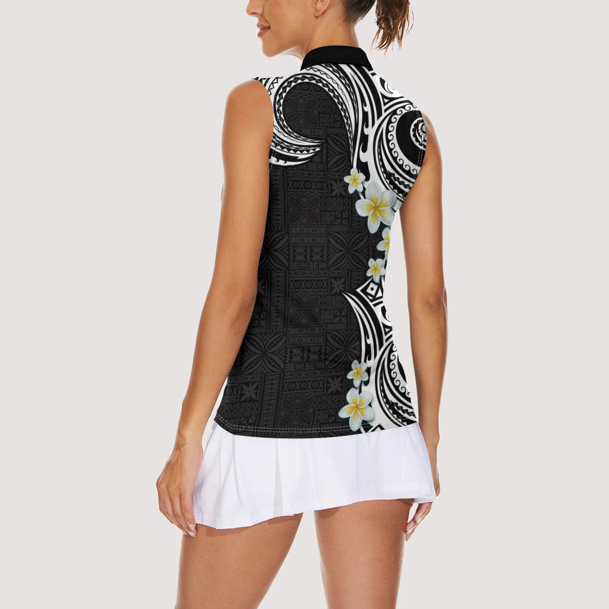 Aloha Polynesian Plumeria Flower Women Sleeveless Polo Shirt Black White Color LT03 - Polynesian Pride