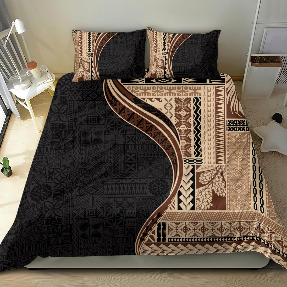 Samoa Siapo Motif and Tapa Pattern Half Style Bedding Set Beige Color
