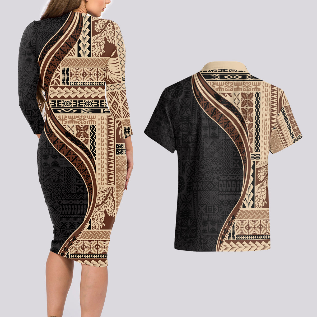 Samoa Siapo Motif and Tapa Pattern Half Style Couples Matching Long Sleeve Bodycon Dress and Hawaiian Shirt Beige Color LT03 - Polynesian Pride
