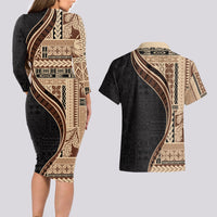 Samoa Siapo Motif and Tapa Pattern Half Style Couples Matching Long Sleeve Bodycon Dress and Hawaiian Shirt Beige Color LT03 - Polynesian Pride