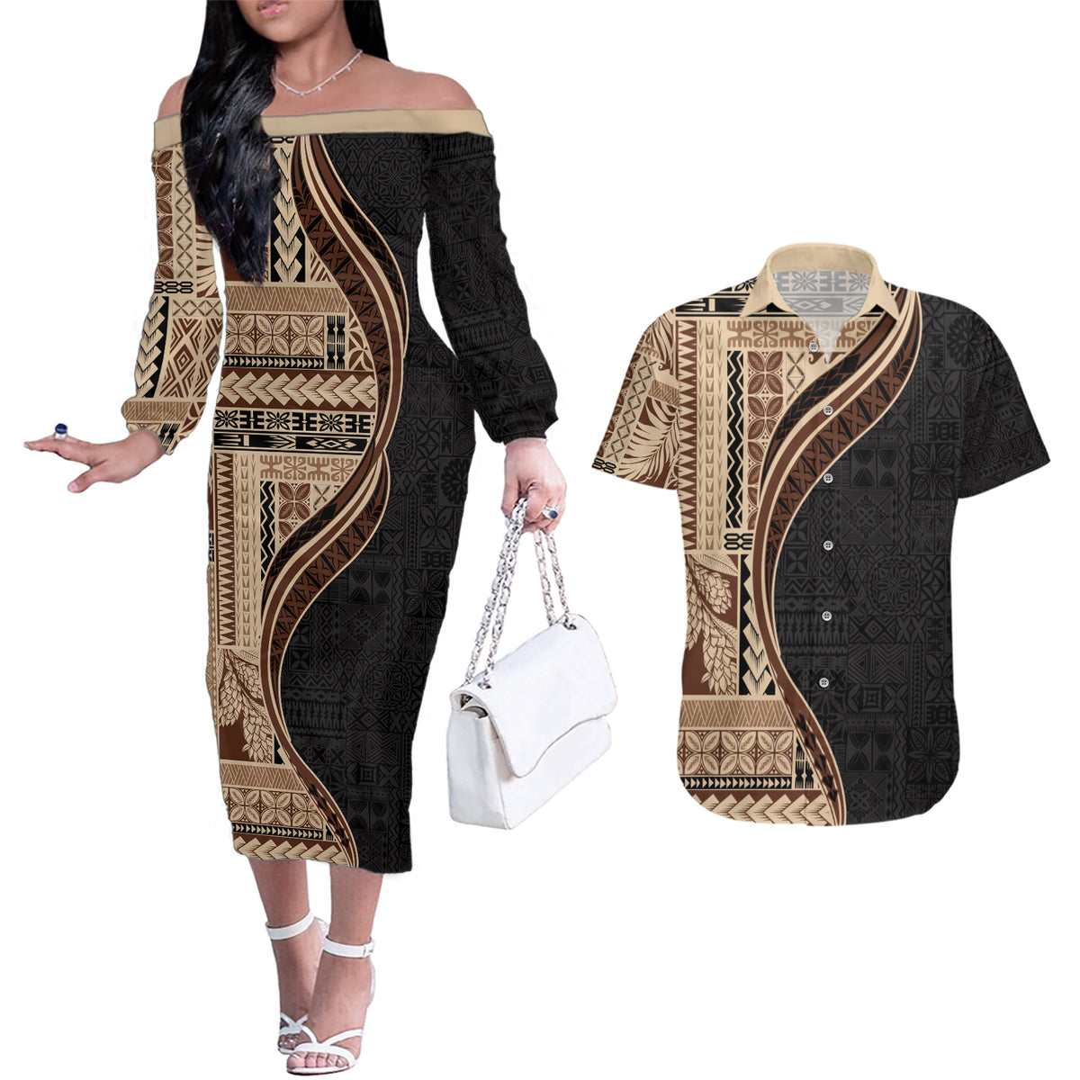 Samoa Siapo Motif and Tapa Pattern Half Style Couples Matching Off The Shoulder Long Sleeve Dress and Hawaiian Shirt Beige Color LT03 Beige - Polynesian Pride