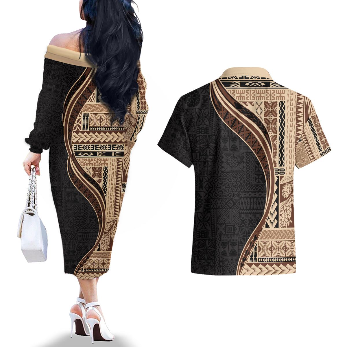 Samoa Siapo Motif and Tapa Pattern Half Style Couples Matching Off The Shoulder Long Sleeve Dress and Hawaiian Shirt Beige Color LT03 - Polynesian Pride