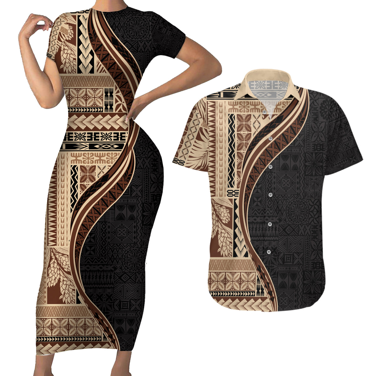 Samoa Siapo Motif and Tapa Pattern Half Style Couples Matching Short Sleeve Bodycon Dress and Hawaiian Shirt Beige Color LT03 Beige - Polynesian Pride