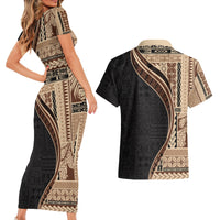 Samoa Siapo Motif and Tapa Pattern Half Style Couples Matching Short Sleeve Bodycon Dress and Hawaiian Shirt Beige Color LT03 - Polynesian Pride