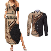 Samoa Siapo Motif and Tapa Pattern Half Style Couples Matching Summer Maxi Dress and Long Sleeve Button Shirt Beige Color LT03 Beige - Polynesian Pride