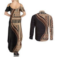 Samoa Siapo Motif and Tapa Pattern Half Style Couples Matching Summer Maxi Dress and Long Sleeve Button Shirt Beige Color LT03 - Polynesian Pride