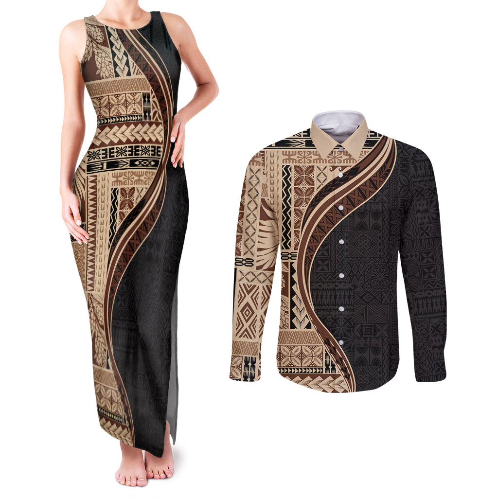 Samoa Siapo Motif and Tapa Pattern Half Style Couples Matching Tank Maxi Dress and Long Sleeve Button Shirt Beige Color LT03 Beige - Polynesian Pride