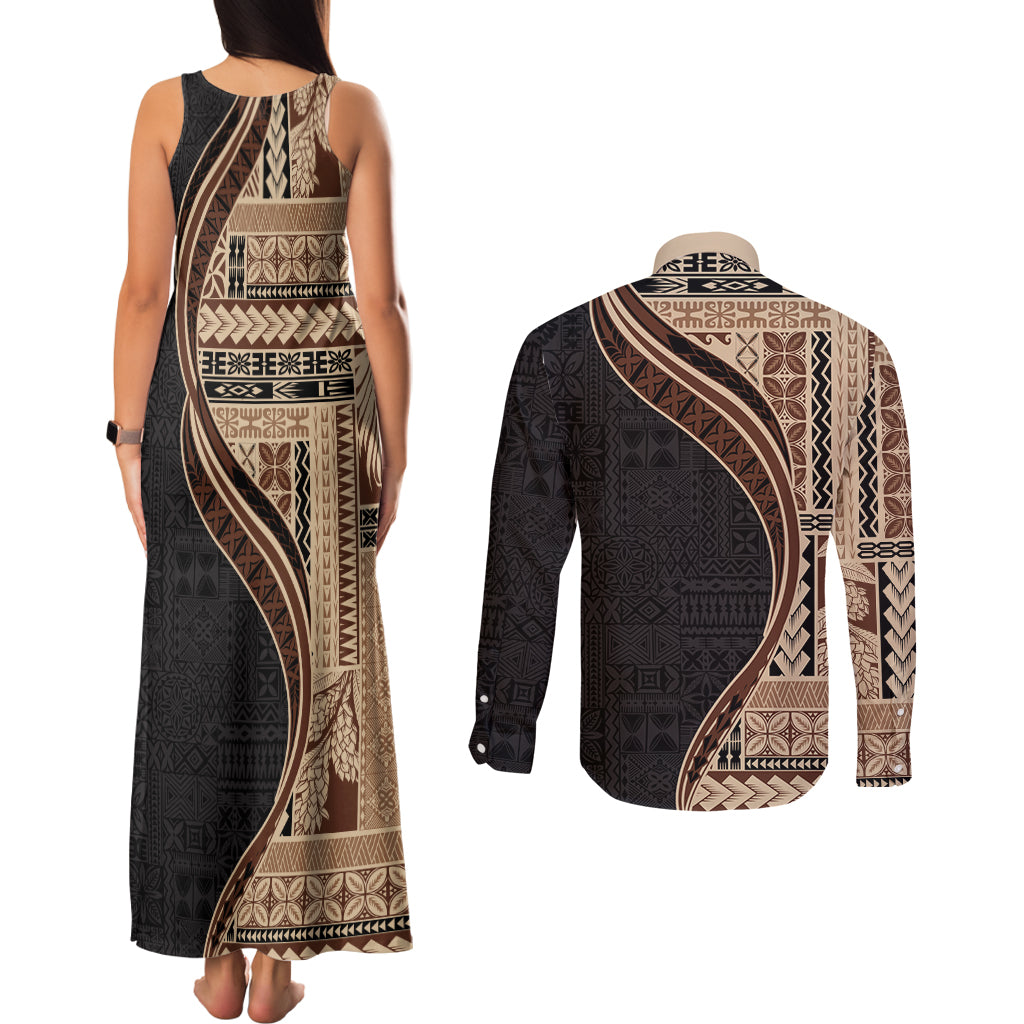 Samoa Siapo Motif and Tapa Pattern Half Style Couples Matching Tank Maxi Dress and Long Sleeve Button Shirt Beige Color LT03 - Polynesian Pride