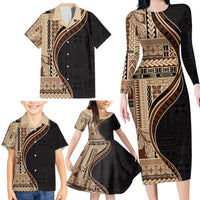 Samoa Siapo Motif and Tapa Pattern Half Style Family Matching Long Sleeve Bodycon Dress and Hawaiian Shirt Beige Color LT03 - Polynesian Pride