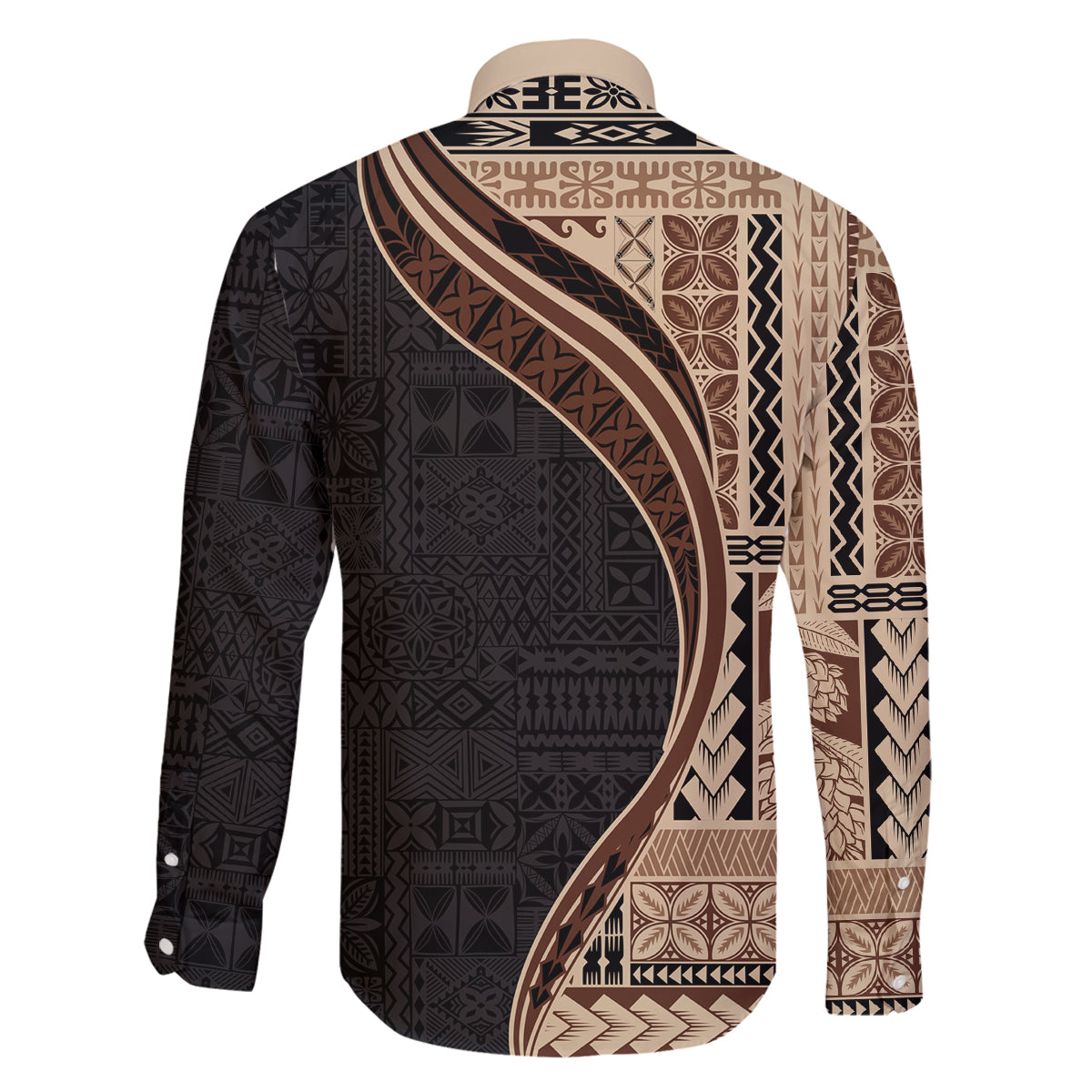 Samoa Siapo Motif and Tapa Pattern Half Style Family Matching Long Sleeve Bodycon Dress and Hawaiian Shirt Beige Color LT03 - Polynesian Pride