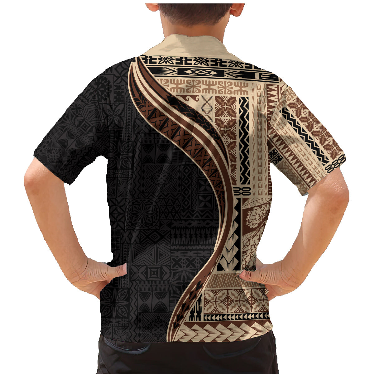 Samoa Siapo Motif and Tapa Pattern Half Style Family Matching Mermaid Dress and Hawaiian Shirt Beige Color LT03 - Polynesian Pride