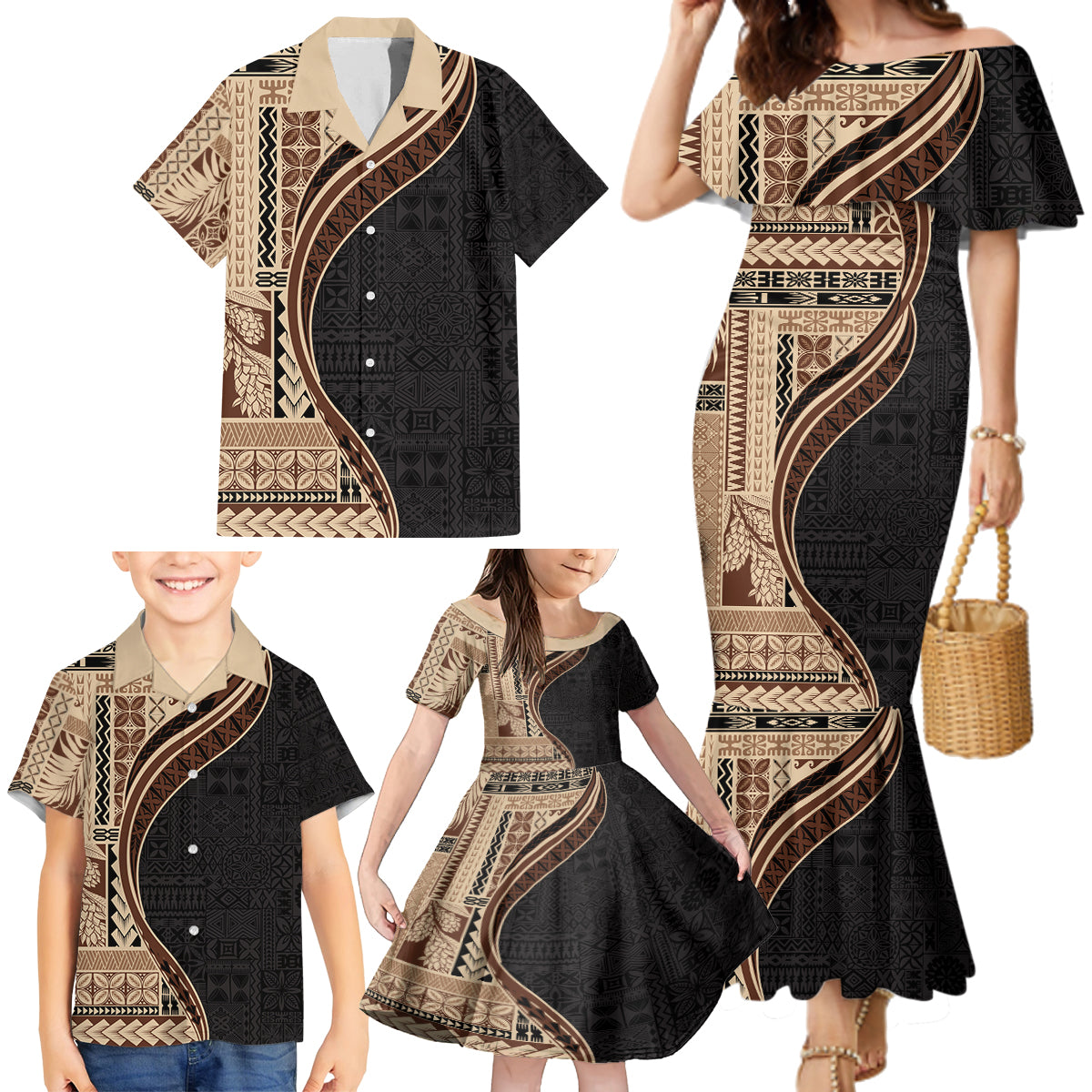 Samoa Siapo Motif and Tapa Pattern Half Style Family Matching Mermaid Dress and Hawaiian Shirt Beige Color LT03 - Polynesian Pride
