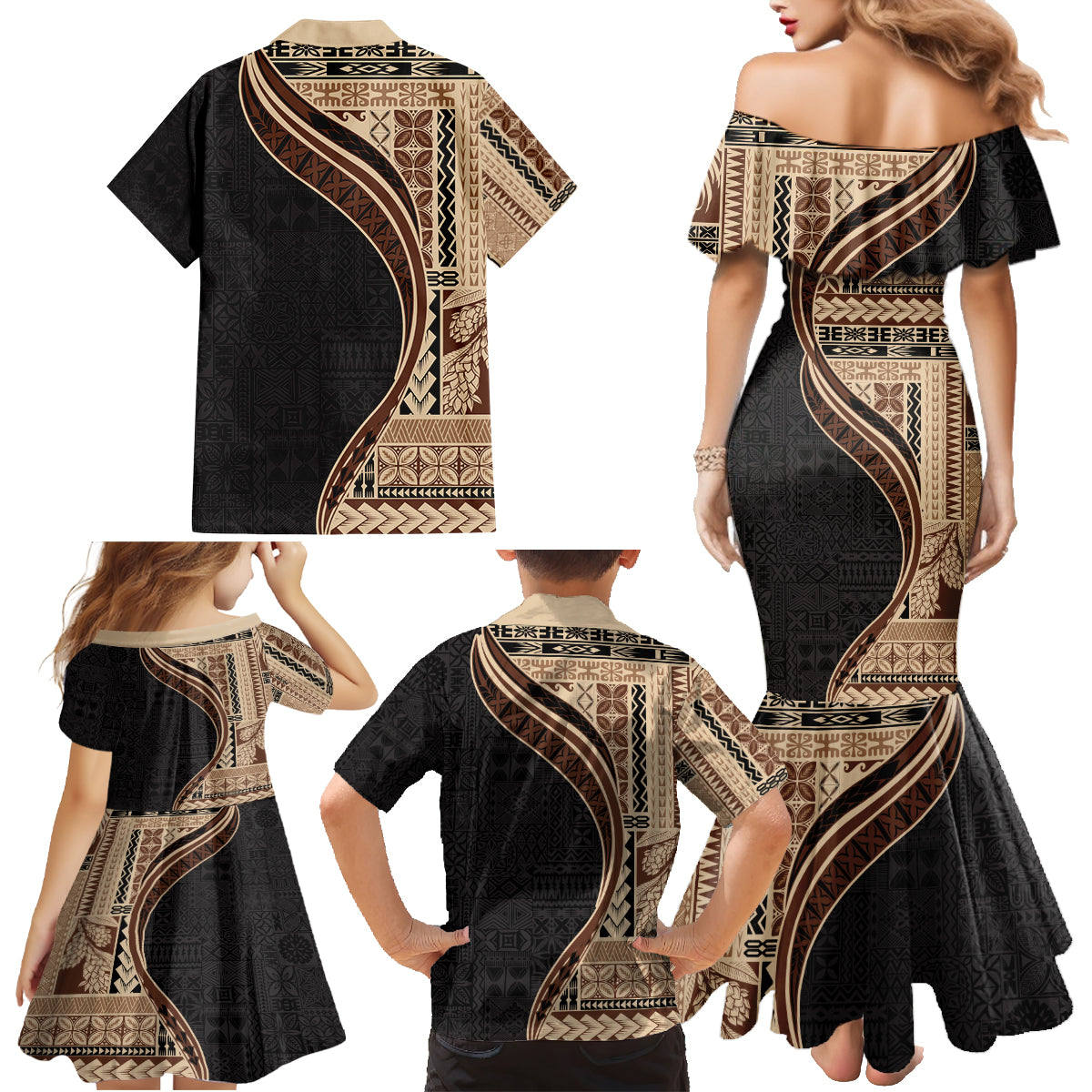 Samoa Siapo Motif and Tapa Pattern Half Style Family Matching Mermaid Dress and Hawaiian Shirt Beige Color LT03 - Polynesian Pride