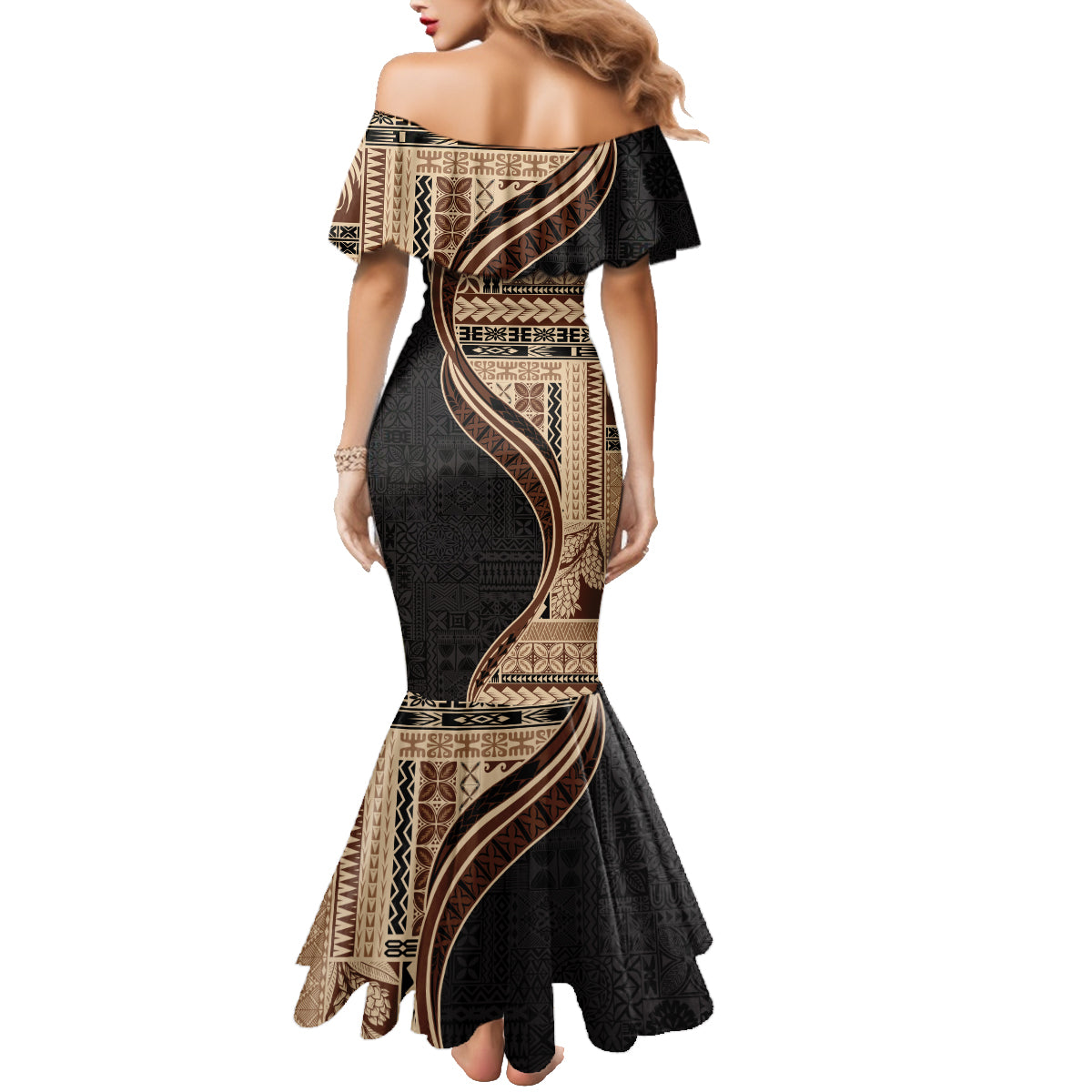 Samoa Siapo Motif and Tapa Pattern Half Style Family Matching Mermaid Dress and Hawaiian Shirt Beige Color LT03 - Polynesian Pride