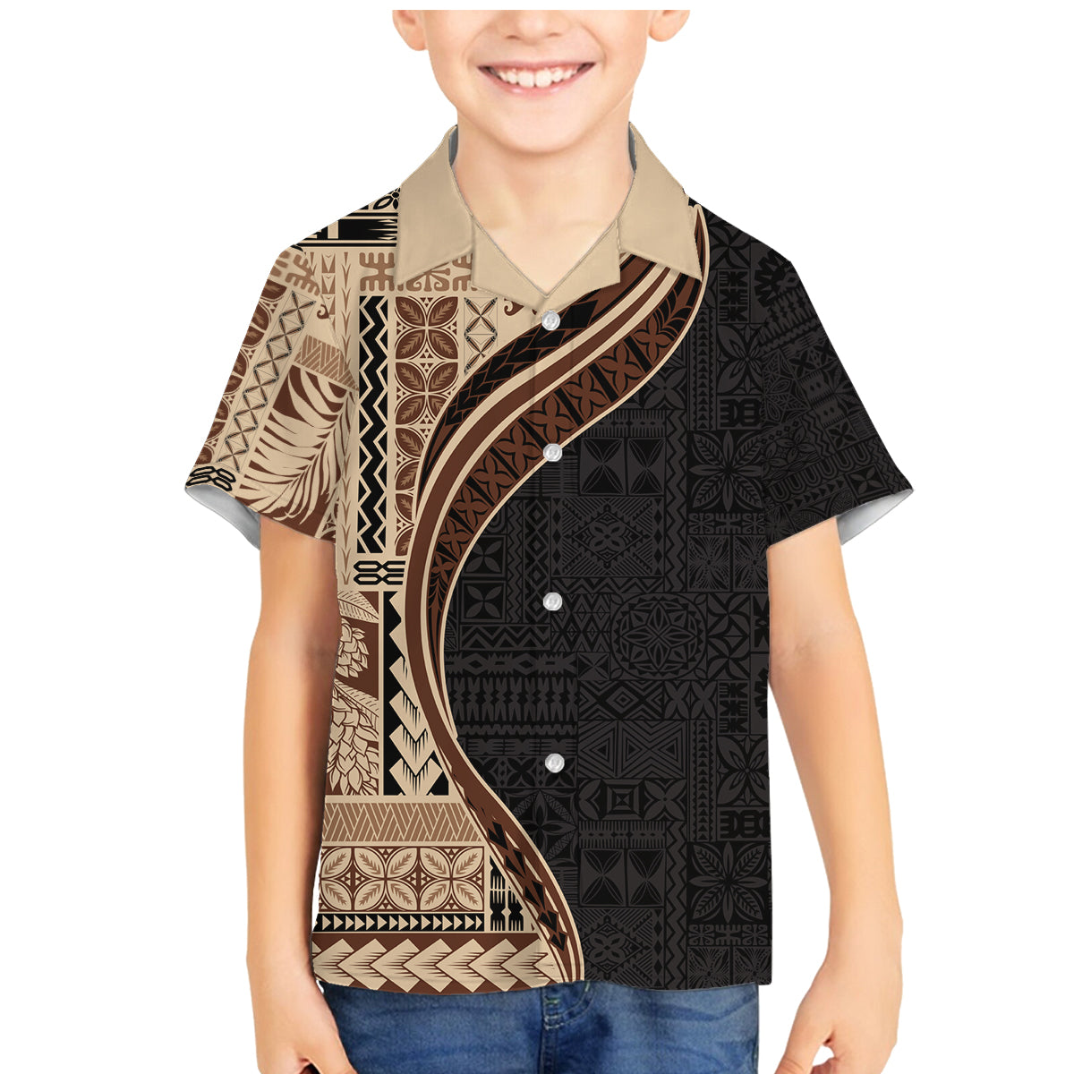 Samoa Siapo Motif and Tapa Pattern Half Style Family Matching Mermaid Dress and Hawaiian Shirt Beige Color LT03 Son's Shirt Beige - Polynesian Pride