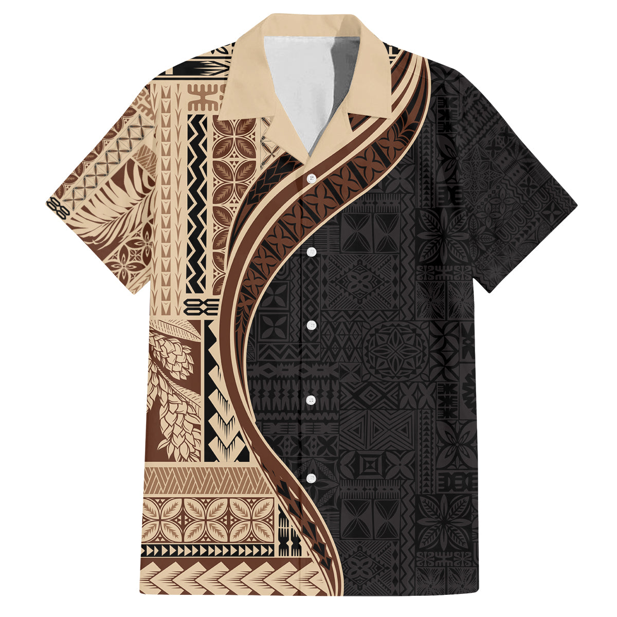 Samoa Siapo Motif and Tapa Pattern Half Style Family Matching Off The Shoulder Long Sleeve Dress and Hawaiian Shirt Beige Color LT03 Dad's Shirt - Short Sleeve Beige - Polynesian Pride