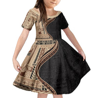 Samoa Siapo Motif and Tapa Pattern Half Style Family Matching Off Shoulder Maxi Dress and Hawaiian Shirt Beige Color LT03 Daughter's Dress Beige - Polynesian Pride