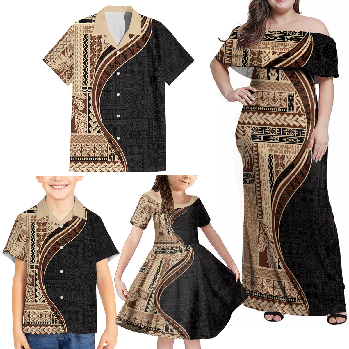 Samoa Siapo Motif and Tapa Pattern Half Style Family Matching Off Shoulder Maxi Dress and Hawaiian Shirt Beige Color LT03 - Polynesian Pride