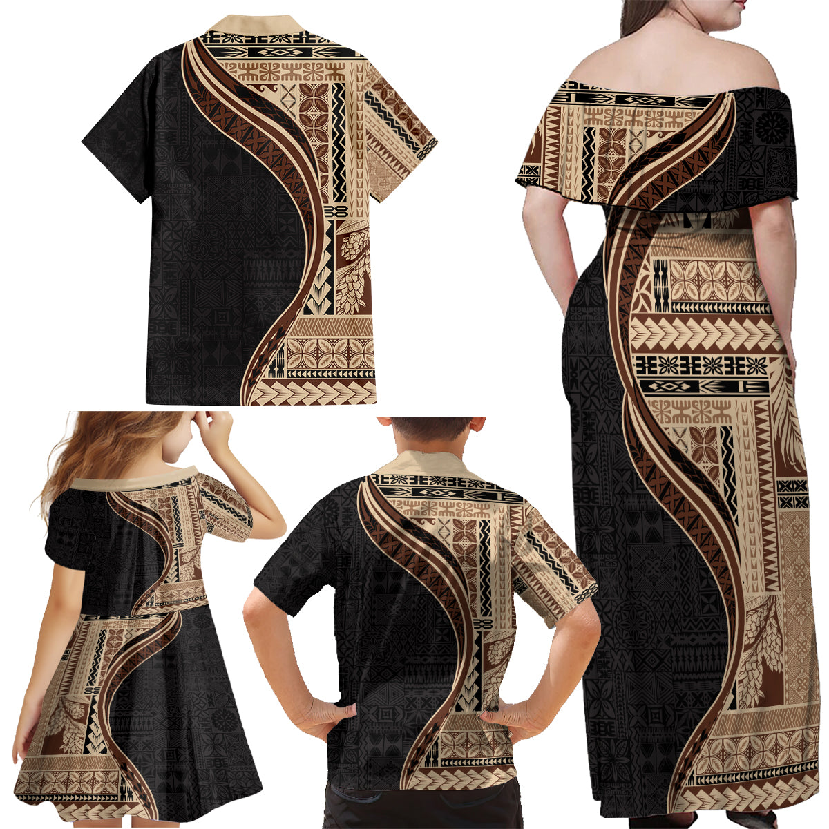 Samoa Siapo Motif and Tapa Pattern Half Style Family Matching Off Shoulder Maxi Dress and Hawaiian Shirt Beige Color LT03 - Polynesian Pride