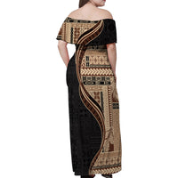 Samoa Siapo Motif and Tapa Pattern Half Style Family Matching Off Shoulder Maxi Dress and Hawaiian Shirt Beige Color LT03 - Polynesian Pride