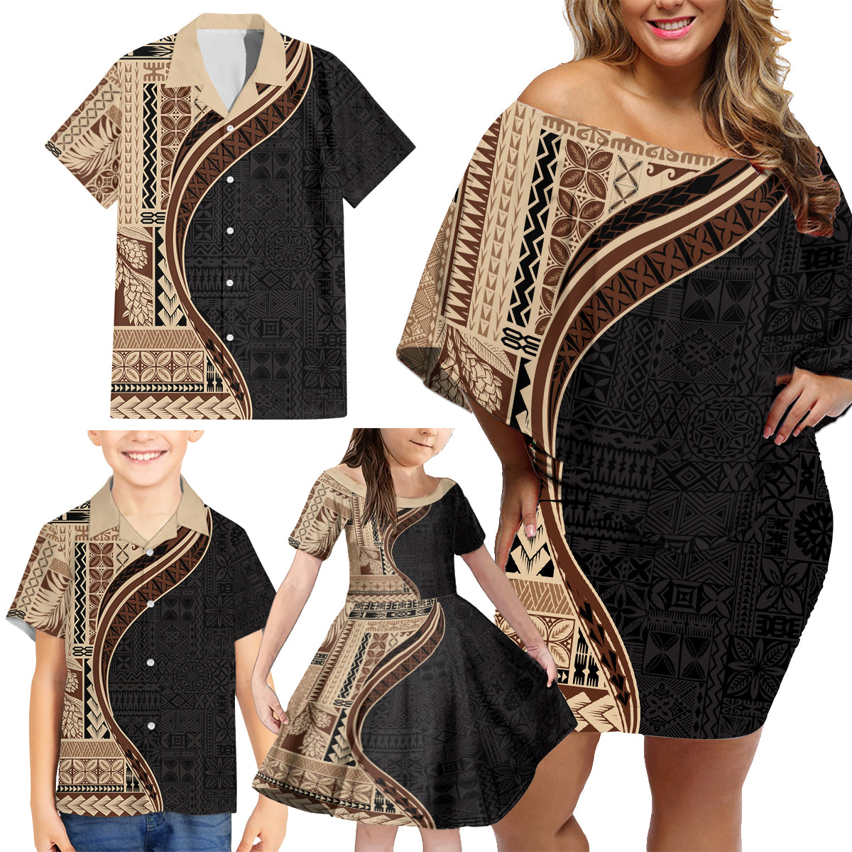 Samoa Siapo Motif and Tapa Pattern Half Style Family Matching Off Shoulder Short Dress and Hawaiian Shirt Beige Color LT03 - Polynesian Pride