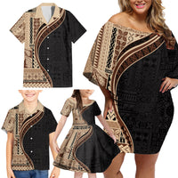 Samoa Siapo Motif and Tapa Pattern Half Style Family Matching Off Shoulder Short Dress and Hawaiian Shirt Beige Color LT03 - Polynesian Pride