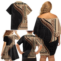 Samoa Siapo Motif and Tapa Pattern Half Style Family Matching Off Shoulder Short Dress and Hawaiian Shirt Beige Color LT03 - Polynesian Pride