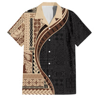 Samoa Siapo Motif and Tapa Pattern Half Style Family Matching Off Shoulder Short Dress and Hawaiian Shirt Beige Color LT03 Dad's Shirt - Short Sleeve Beige - Polynesian Pride