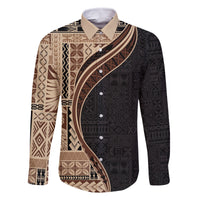 Samoa Siapo Motif and Tapa Pattern Half Style Family Matching Off Shoulder Short Dress and Hawaiian Shirt Beige Color LT03 Dad's Shirt - Long Sleeve Beige - Polynesian Pride
