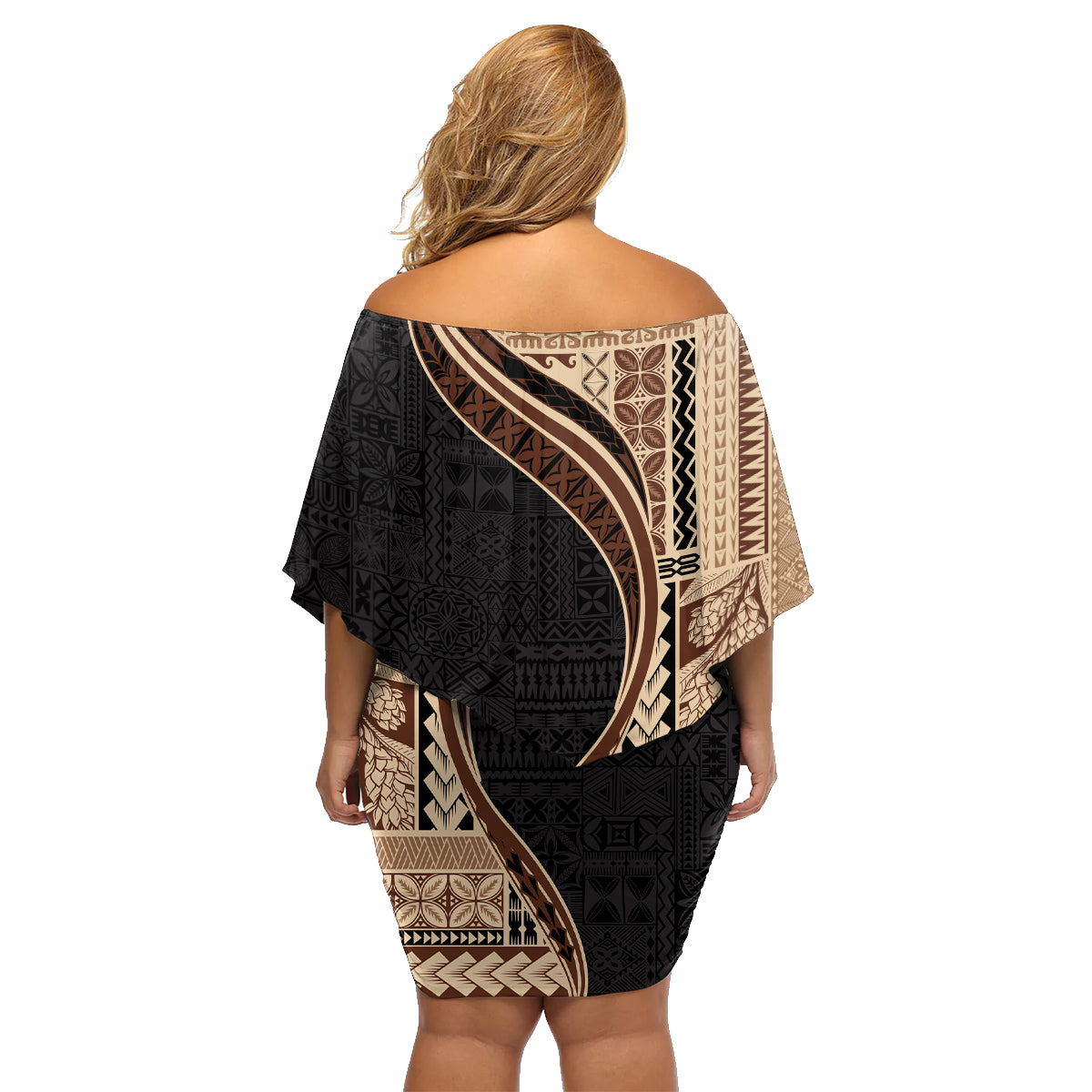 Samoa Siapo Motif and Tapa Pattern Half Style Family Matching Off Shoulder Short Dress and Hawaiian Shirt Beige Color LT03 - Polynesian Pride