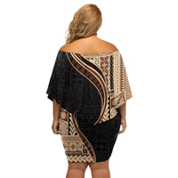 Samoa Siapo Motif and Tapa Pattern Half Style Family Matching Off Shoulder Short Dress and Hawaiian Shirt Beige Color LT03 - Polynesian Pride