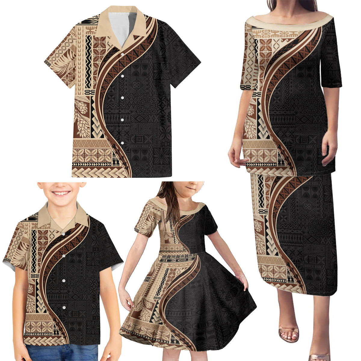 Samoa Siapo Motif and Tapa Pattern Half Style Family Matching Puletasi and Hawaiian Shirt Beige Color LT03 - Polynesian Pride