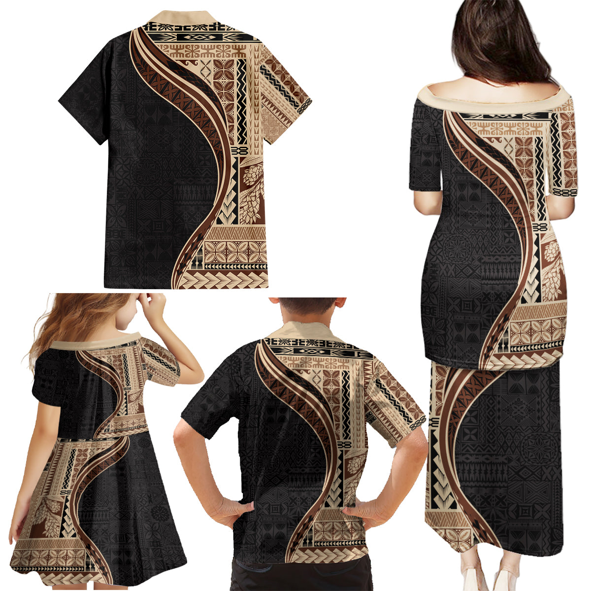Samoa Siapo Motif and Tapa Pattern Half Style Family Matching Puletasi and Hawaiian Shirt Beige Color LT03 - Polynesian Pride