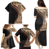 Samoa Siapo Motif and Tapa Pattern Half Style Family Matching Puletasi and Hawaiian Shirt Beige Color LT03 - Polynesian Pride