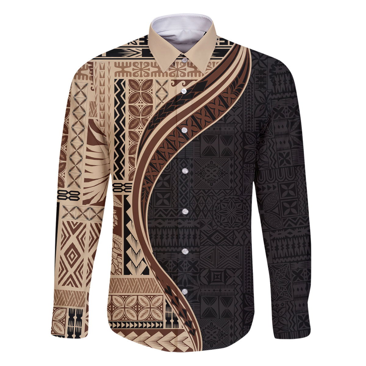 Samoa Siapo Motif and Tapa Pattern Half Style Family Matching Puletasi and Hawaiian Shirt Beige Color LT03 Dad's Shirt - Long Sleeve Beige - Polynesian Pride