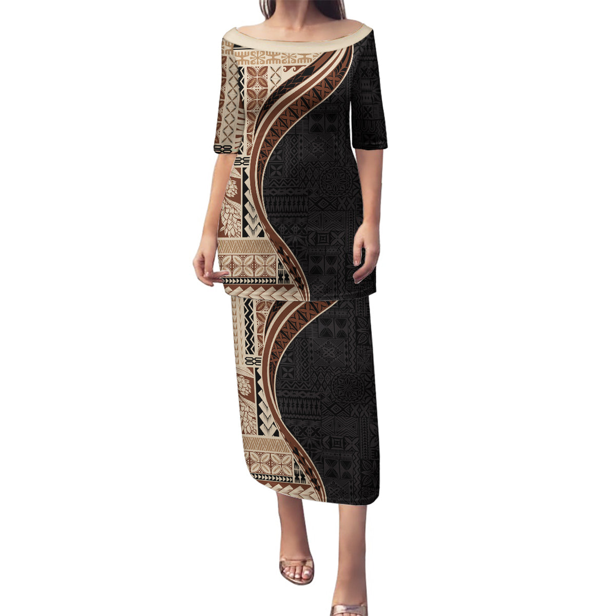 Samoa Siapo Motif and Tapa Pattern Half Style Family Matching Puletasi and Hawaiian Shirt Beige Color LT03 Mom's Dress Beige - Polynesian Pride