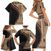 Samoa Siapo Motif and Tapa Pattern Half Style Family Matching Short Sleeve Bodycon Dress and Hawaiian Shirt Beige Color LT03 - Polynesian Pride