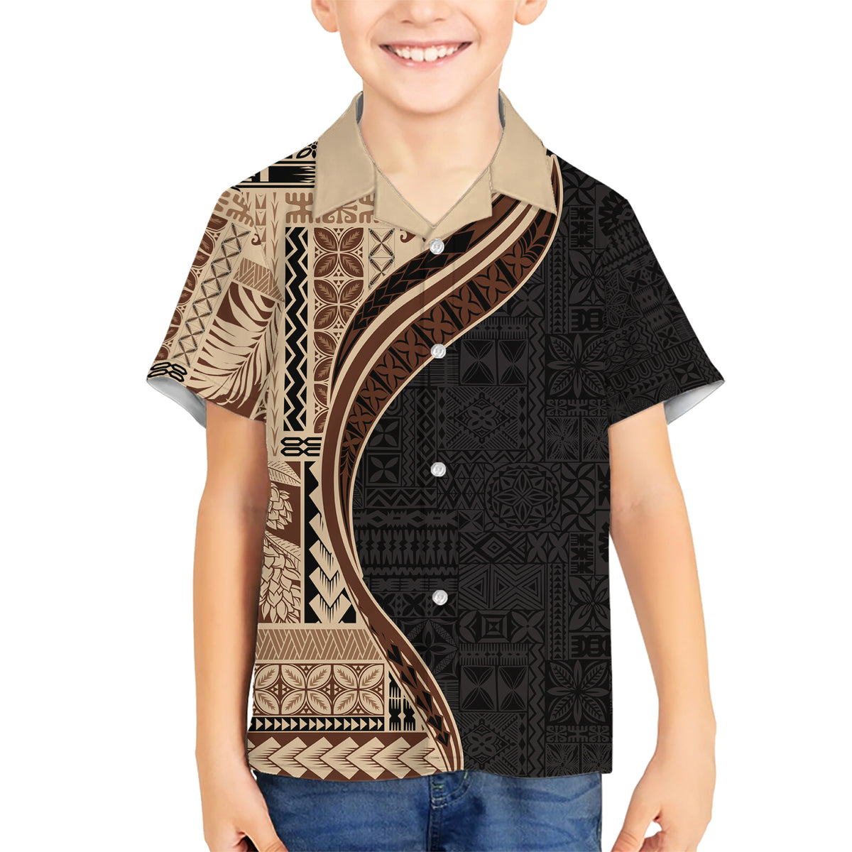 Samoa Siapo Motif and Tapa Pattern Half Style Family Matching Short Sleeve Bodycon Dress and Hawaiian Shirt Beige Color LT03 Son's Shirt Beige - Polynesian Pride