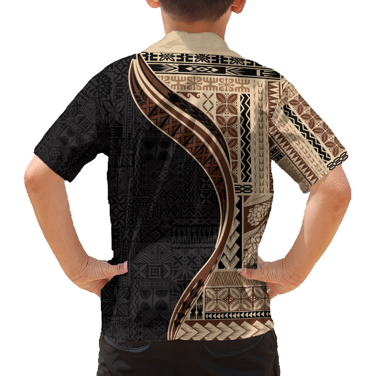 Samoa Siapo Motif and Tapa Pattern Half Style Family Matching Summer Maxi Dress and Hawaiian Shirt Beige Color LT03 - Polynesian Pride