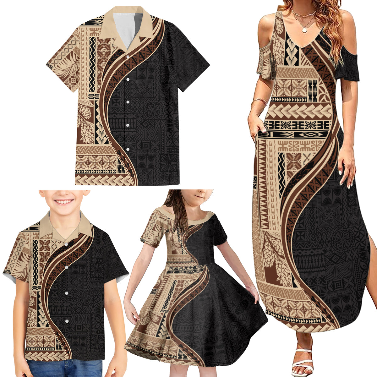 Samoa Siapo Motif and Tapa Pattern Half Style Family Matching Summer Maxi Dress and Hawaiian Shirt Beige Color LT03 - Polynesian Pride