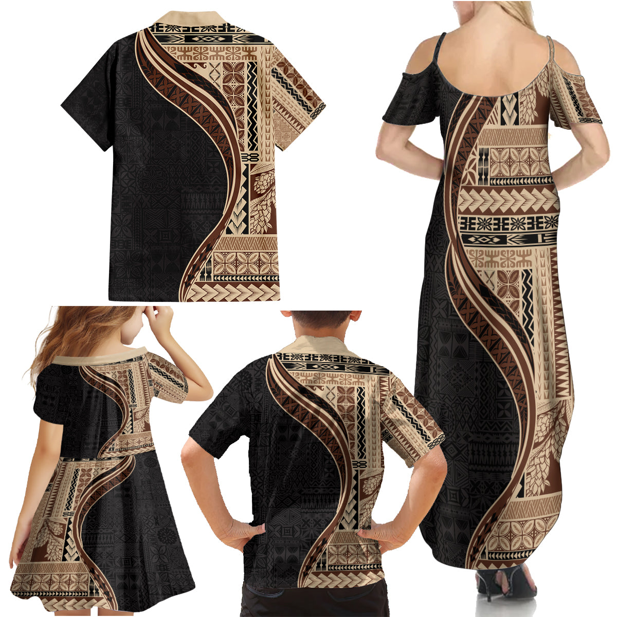 Samoa Siapo Motif and Tapa Pattern Half Style Family Matching Summer Maxi Dress and Hawaiian Shirt Beige Color LT03 - Polynesian Pride
