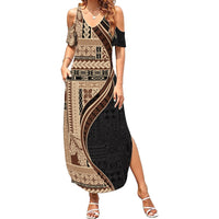 Samoa Siapo Motif and Tapa Pattern Half Style Family Matching Summer Maxi Dress and Hawaiian Shirt Beige Color LT03 Mom's Dress Beige - Polynesian Pride
