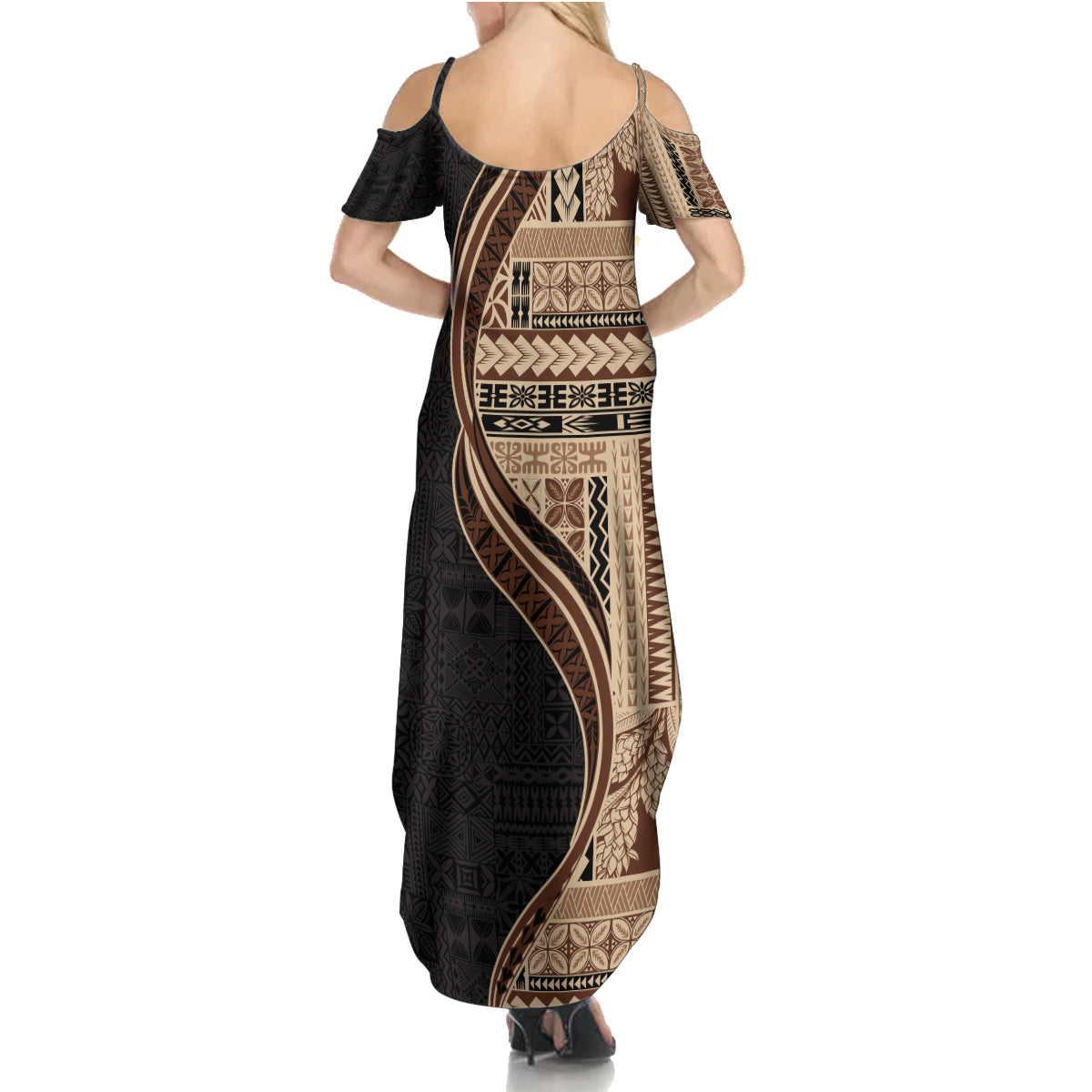 Samoa Siapo Motif and Tapa Pattern Half Style Family Matching Summer Maxi Dress and Hawaiian Shirt Beige Color LT03 - Polynesian Pride