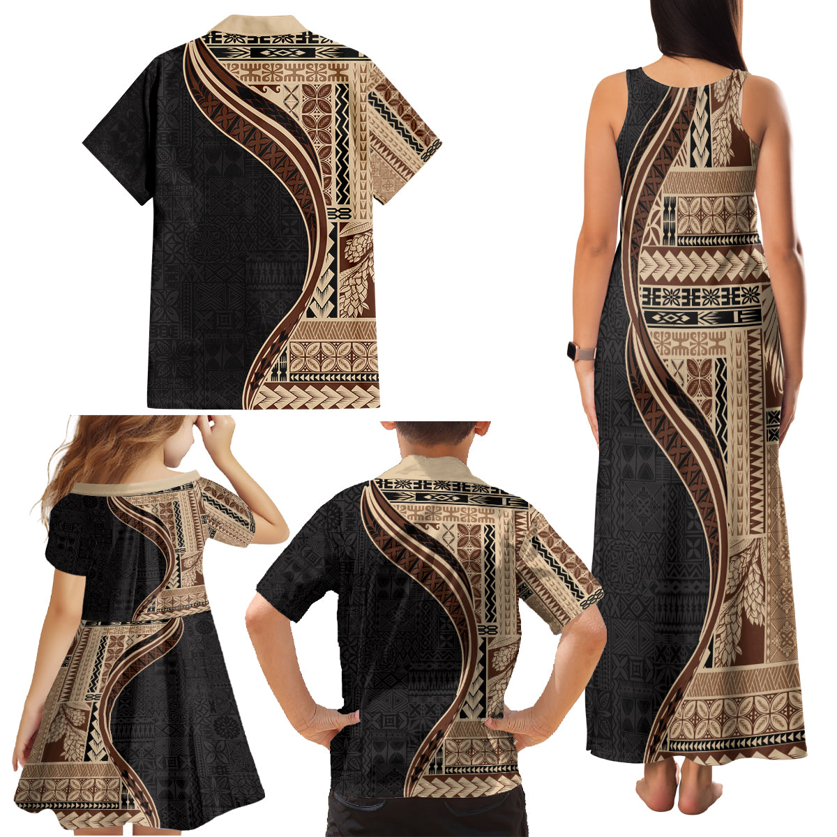 Samoa Siapo Motif and Tapa Pattern Half Style Family Matching Tank Maxi Dress and Hawaiian Shirt Beige Color LT03 - Polynesian Pride