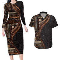 Samoa Siapo Motif and Tapa Pattern Half Style Couples Matching Long Sleeve Bodycon Dress and Hawaiian Shirt Black Color LT03 Black - Polynesian Pride