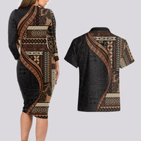 Samoa Siapo Motif and Tapa Pattern Half Style Couples Matching Long Sleeve Bodycon Dress and Hawaiian Shirt Black Color LT03 - Polynesian Pride