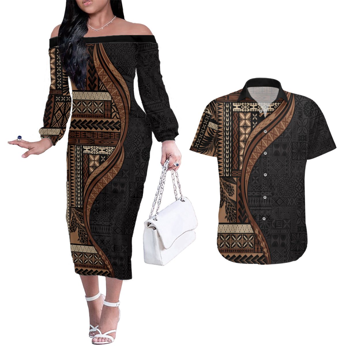Samoa Siapo Motif and Tapa Pattern Half Style Couples Matching Off The Shoulder Long Sleeve Dress and Hawaiian Shirt Black Color LT03 Black - Polynesian Pride