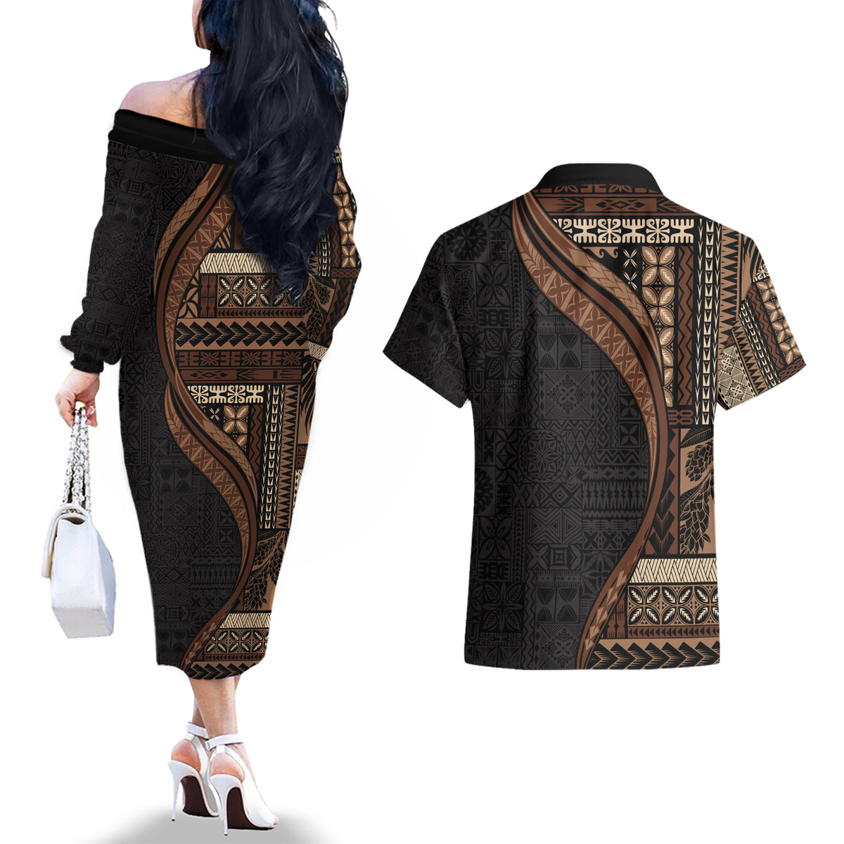 Samoa Siapo Motif and Tapa Pattern Half Style Couples Matching Off The Shoulder Long Sleeve Dress and Hawaiian Shirt Black Color LT03 - Polynesian Pride