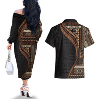 Samoa Siapo Motif and Tapa Pattern Half Style Couples Matching Off The Shoulder Long Sleeve Dress and Hawaiian Shirt Black Color LT03 - Polynesian Pride